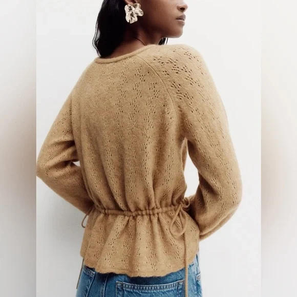 NEW H&M Pointelle-Knit Peplum Top Beige Size Medium - Picture 6 of 11